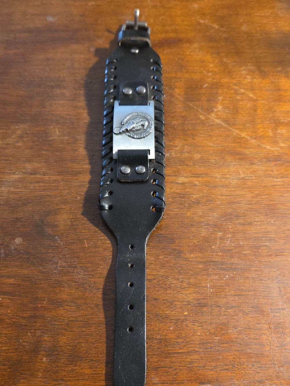 Black Leather Men's Wrist Cuff Bracelet with Metal Emblem of Raven
